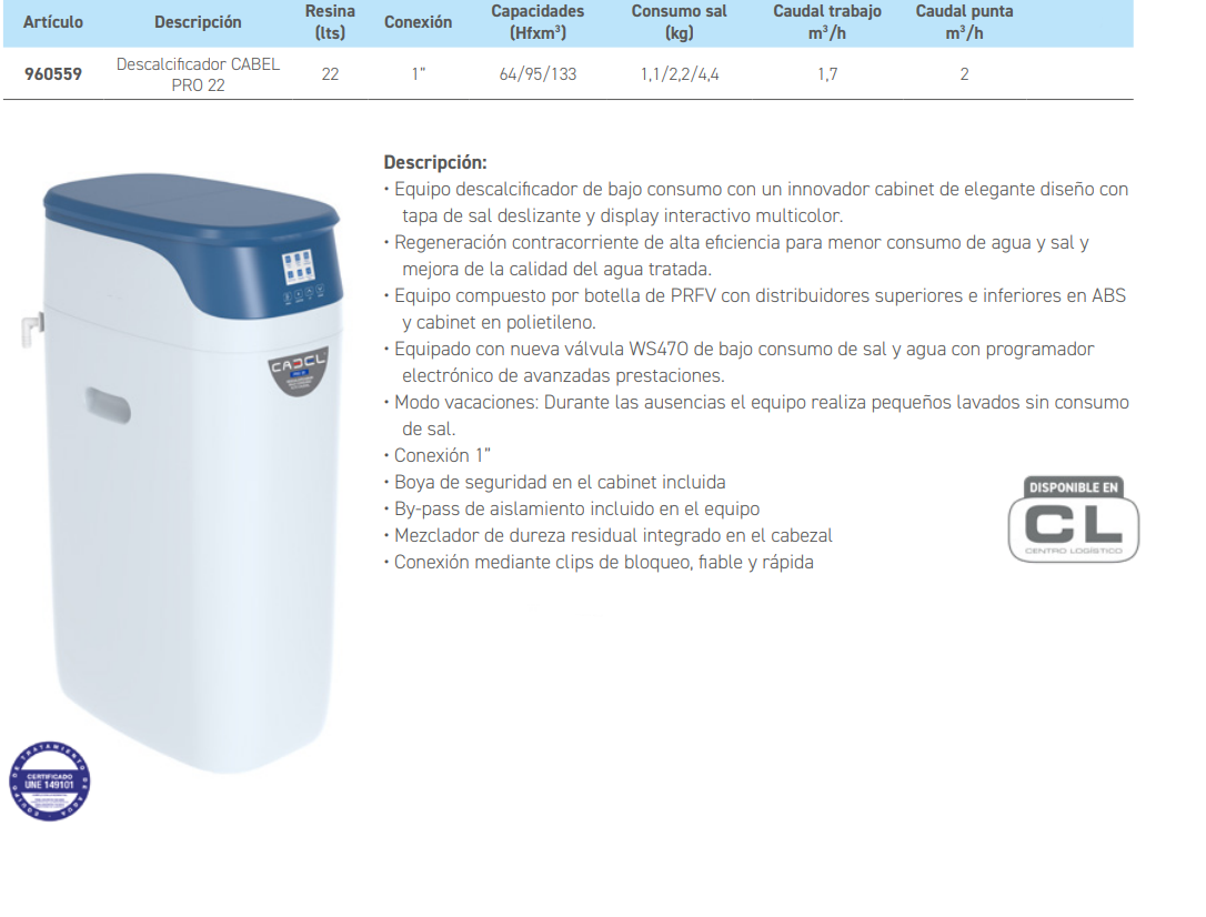Especificaciones técnicas del Descalcificador CABEL PRO 22